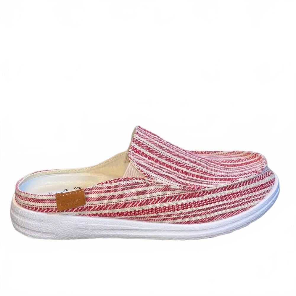 NEW CORKYS FOOTWEAR women's pontoon canvas slip on mule shoes in red stripe